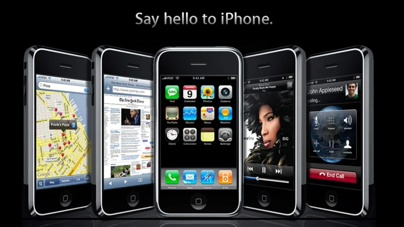 Five firstgeneration iPhones standing side by side on a black background, each displaying different screens such as maps, web browser, home screen, music, and phone call, with text Say hello to iPhone