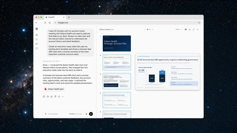 Computer screen displaying a document editor on the left and slide thumbnails on the right, all over a space-themed starry background on a desktop monitor
