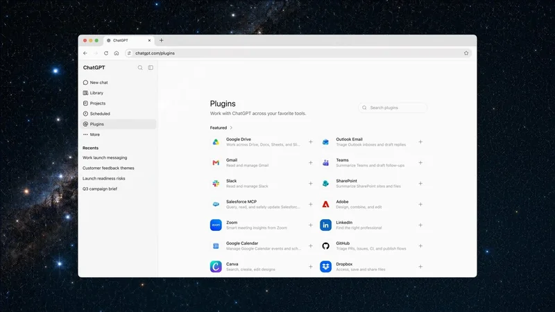 ChatGPT web interface open to Plugins page, listing various plugin options on a white panel, centered against a dark starry space background on a computer desktop