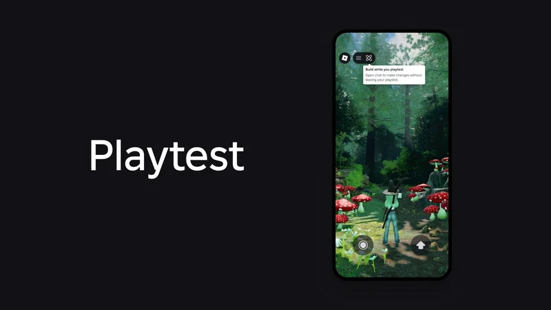 Smartphone screen showing a colorful forest adventure game with character and mushrooms, displayed on dark background beside large text reading Playtest