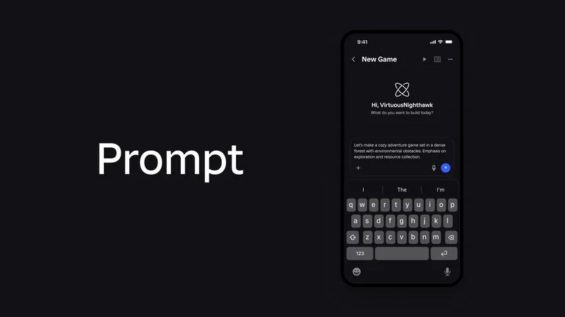 Dark screen with the word Prompt beside a smartphone displaying a New Game setup screen, on-screen keyboard visible, and sleek minimalist black user interface design