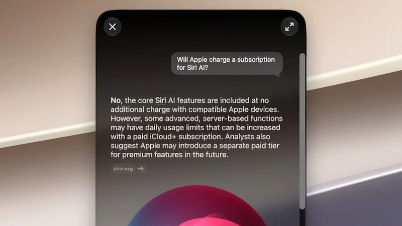 Smartphone screen showing Siri AI text conversation about Apple subscription pricing, with a dark blurred background, white chat bubbles, and part of a colorful circular graphic at the bottom