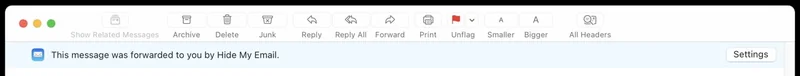 Email client window showing a single highlighted message with a blue dot and the text This message was forwarded to you by Katy Graef, plus toolbar icons and a Settings link