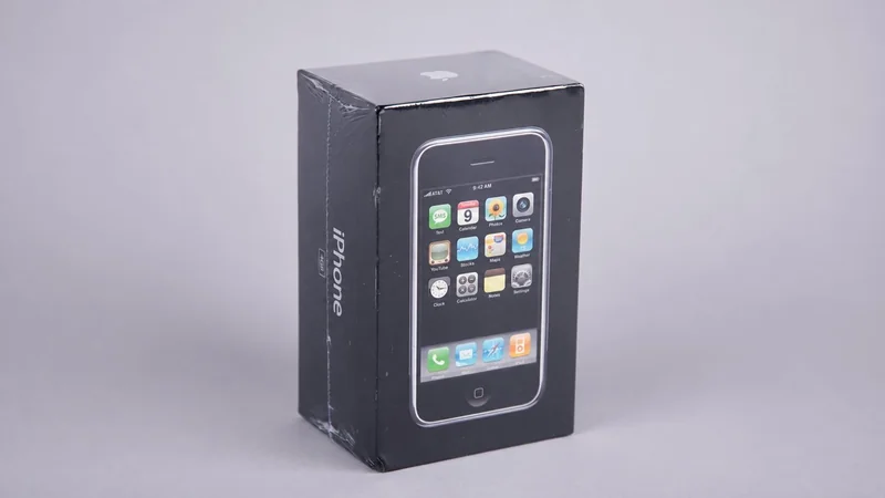 Black retail box standing upright, displaying an early iPhone with classic app icons on the front, against a plain light gray background.
