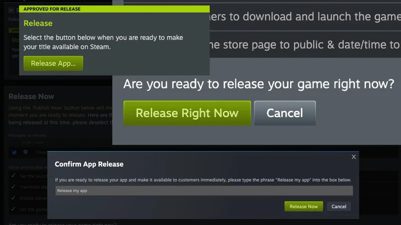 Steam game publishing interface showing overlapping confirmation dialog boxes, with green buttons labeled Release App and Release Right Now, and a dark confirmation bar asking to type a phrase before final release