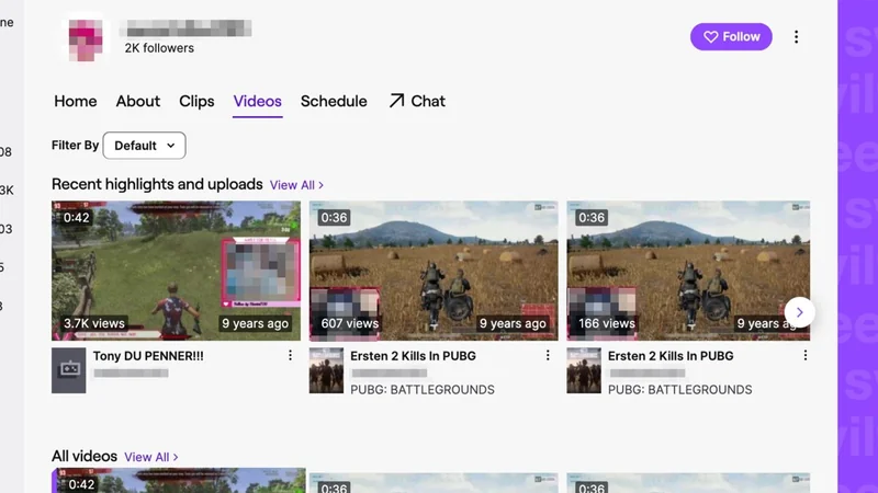 Twitch channel videos page showing several gaming clip thumbnails, mostly PUBG Battlegrounds, with titles, view counts, and ages, plus navigation tabs for Home, About, Clips, Videos, Schedule, and Chat