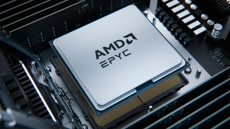 An AMD EPYC processor installed on a motherboard socket.