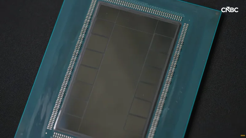 A close-up of a semiconductor chip with a CNBC logo in the corner.