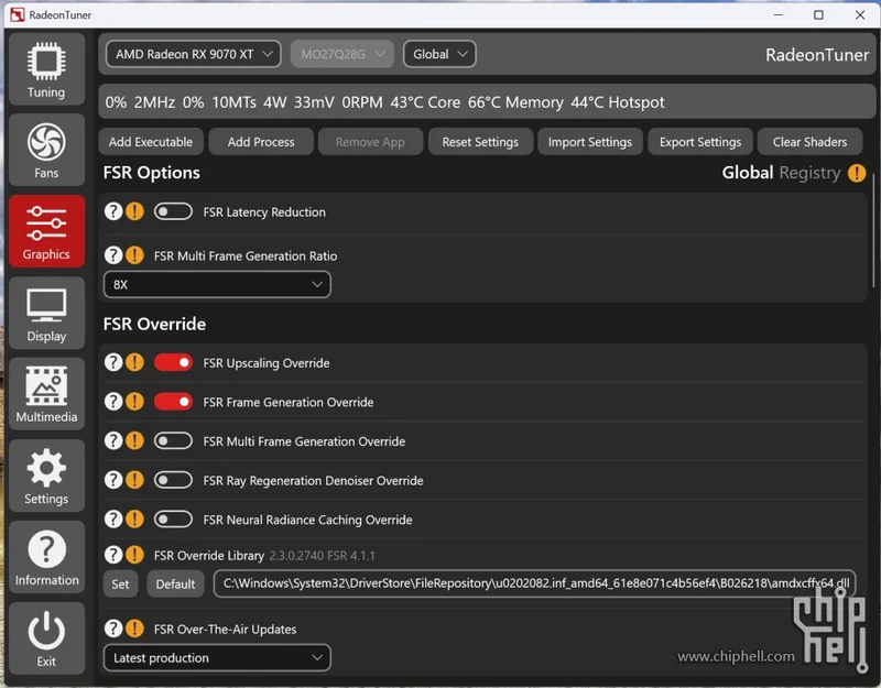 The image shows the RadeonTuner interface for the AMD Radeon RX 9070 XT, displaying graphics settings including 'FSR Multi Frame Generation Ratio' set to 8X and various 'FSR Override' options toggled.