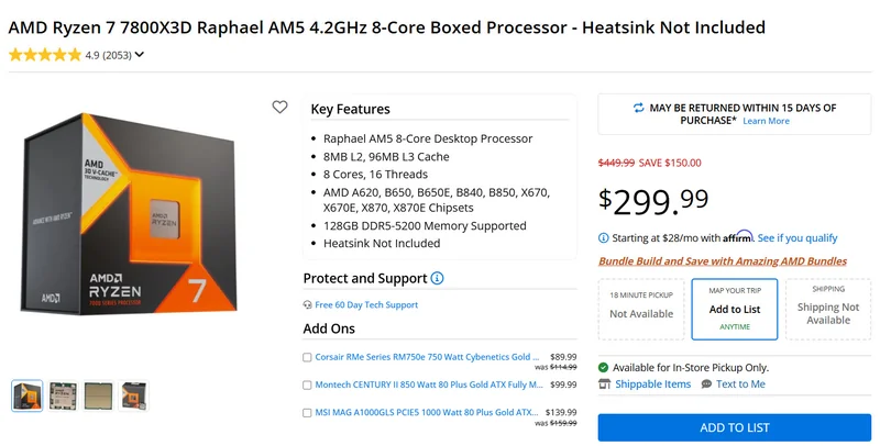 The AMD Ryzen 7 7800X3D Raphael AM5 8-core processor is displayed with a price of $299.99, highlighting features such as 8 cores, 16 threads, and compatibility with various chipsets, while indicating it does not include a heatsink.