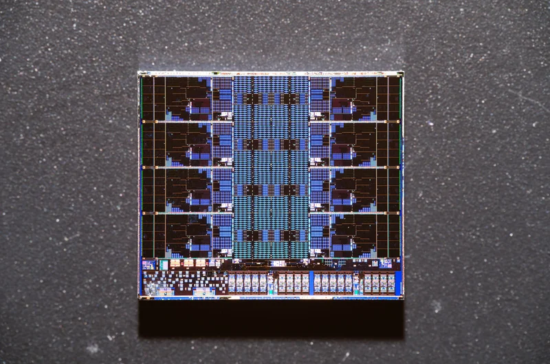 A close-up view of a silicon die showcasing intricate circuit patterns on a textured background.