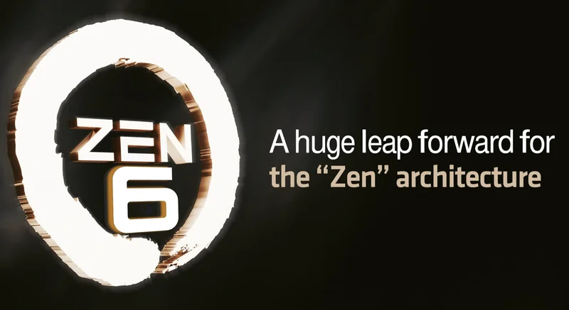 A presentation slide features Zen 6 alongside the text 'A huge leap forward for the Zen architecture'.