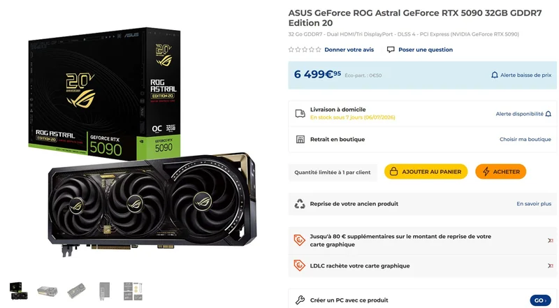 The ASUS GeForce ROG Astral RTX 5090 32GB GDDR7 graphics card is displayed with its packaging alongside an online listing showing a price of €6,499.95.