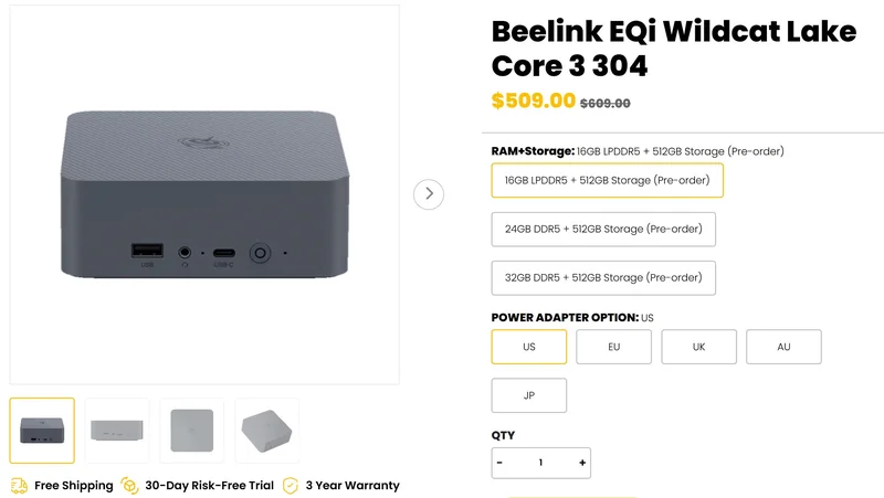 The Beelink EQi Wildcat Lake Core 3 304 is shown with pricing at $509.00 and multiple RAM and storage configuration options available for pre-order.