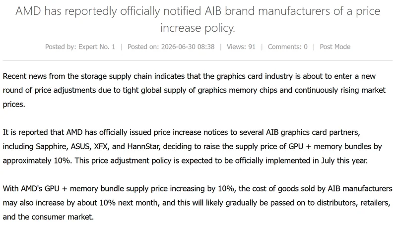 The web page details AMD's notification to AIB manufacturers about a price increase policy for GPU and memory bundles, affecting partners like Sapphire, ASUS, XFX, and HannStar.