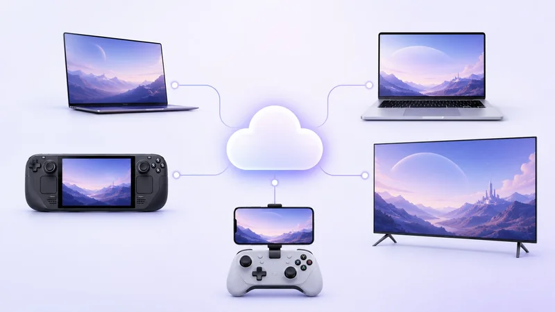 A cloud is connected to a laptop, portable gaming console, smartphone on a controller, and a TV, all displaying the same fantasy landscape with mountains.