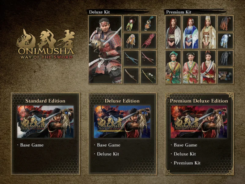 An image showing the 'Onimusha: Way of the Sword' game editions, featuring artwork and contents of the Standard Edition with the base game, the Deluxe Edition with the base game and Deluxe Kit, and the Premium Deluxe Edition with the base game, Deluxe Kit, and Premium Kit.