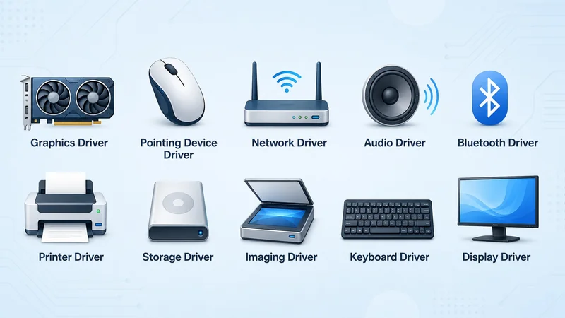 An infographic shows icons for different drivers: 'Graphics Driver,' 'Pointing Device Driver,' 'Network Driver,' 'Audio Driver,' 'Bluetooth Driver,' 'Printer Driver,' 'Storage Driver,' 'Imaging Driver,' 'Keyboard Driver,' and 'Display Driver.'