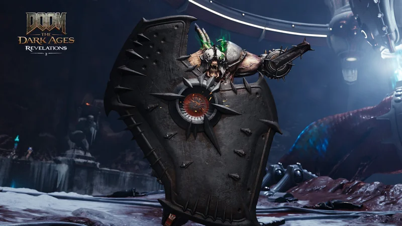 A menacing creature wielding a spiked shield appears in the video game 'DOOM The Dark Ages Revelations,' set in a dark, futuristic environment.