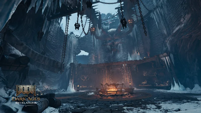 A snowy, medieval dungeon scene from the game 'Doom: The Dark Ages - Revelations' featuring icy structures, chains, and a central fire pit.