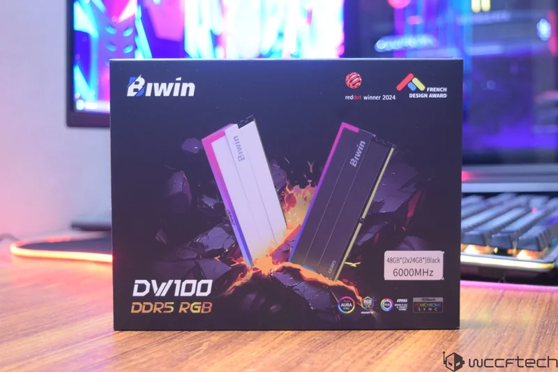 A Biwin DV/100 DDR5 RGB RAM package is displayed, highlighting '48GB (2x24GB) Black' and '6000MHz'.