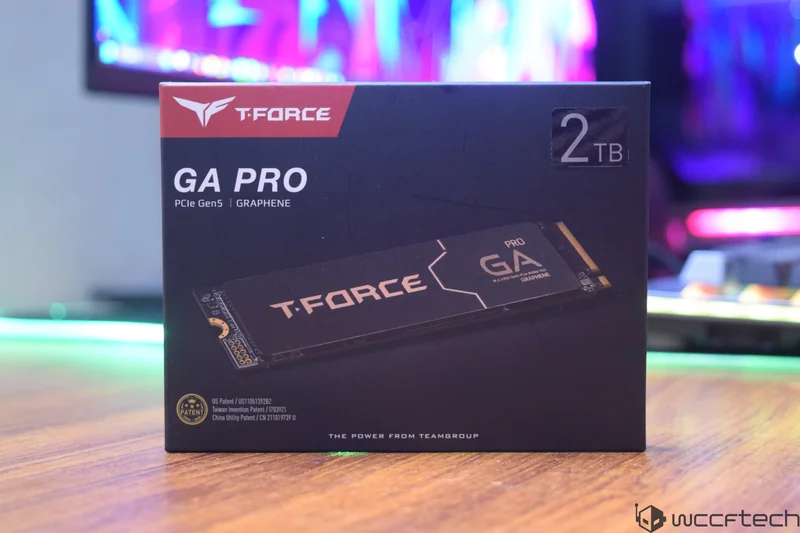 The image shows a box of the T-Force GA Pro PCIe Gen5 Graphene SSD with a capacity of '2 TB'.