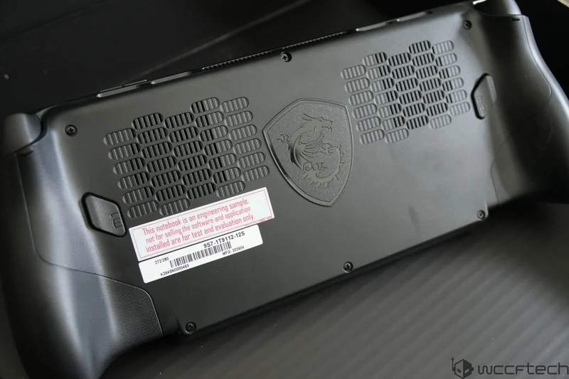 The bottom view of an MSI device shows the MSI dragon logo and a label stating, 'This notebook is an engineering sample, not for selling.'