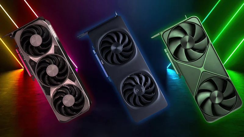 Three graphics cards from different brands, including a Radeon-branded model, displayed against a colorful, illuminated background.