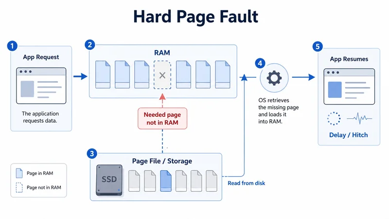 A flowchart titled 'Hard Page Fault' illustrates the process where an app request leads to a missing page in RAM, prompting the OS to retrieve and load the page from SSD storage, causing a delay in app resumption.