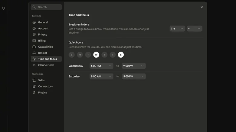 A screenshot of Claude's Time and focus menu where you can set break reminders and quiet hours.