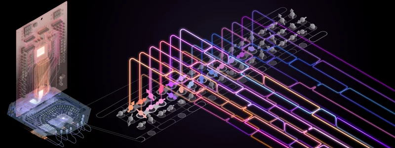 cartoon of a glowing set of wires connecting one hardware device with another.