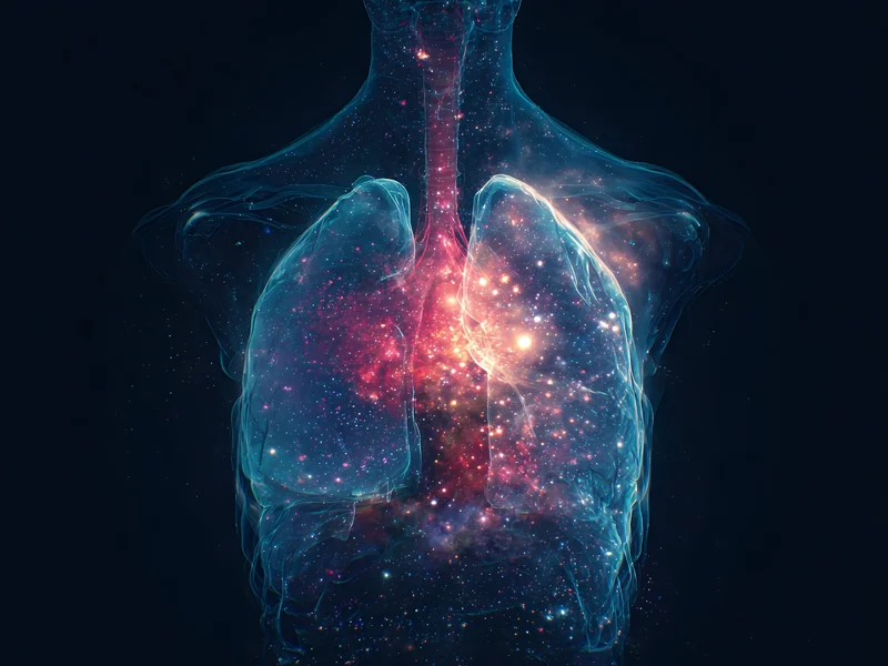 Digital respiratory system showing lungs as Insilico Medicine is advancing to Phase III human trials for testing a drug identified by AI targeting idiopathic pulmonary fibrosis (IPF).