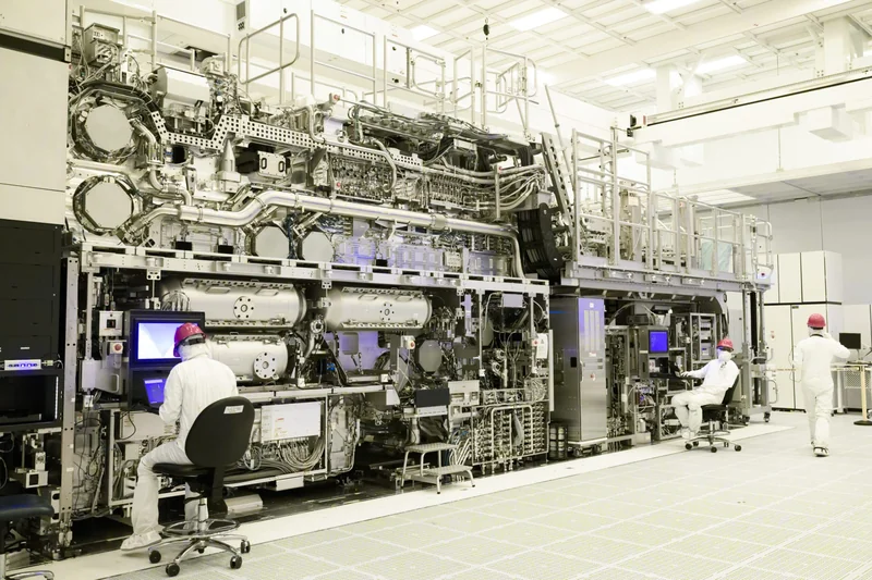 Technicians in a clean room work on an advanced ASML lithography machine with multiple screens and intricate machinery components.