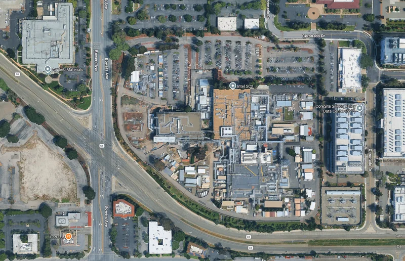 An aerial view shows the Intel SC2 facility and CoreSite Silicon Valley Data Center along with surrounding buildings and roads labeled such as Bowers Ave, Coronado Dr, and Applied Materials.