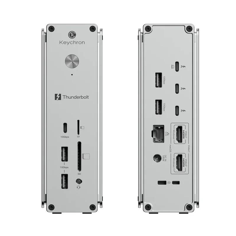 A Keychron Thunderbolt docking station featuring multiple ports including USB-C, USB-A, HDMI, Ethernet, SD card slots, and a 10 Gbps Thunderbolt port.