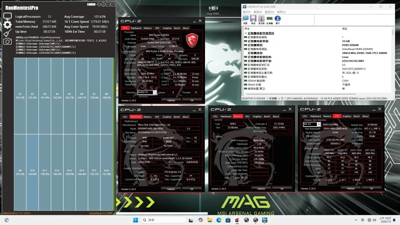 A desktop screenshot displays various hardware monitoring applications including CPU-Z showing an AMD Ryzen 5 9600X processor, B650MPOWER motherboard details, and DDR5 memory specifications from Lexar, alongside 'RunMemtestPro' software running a memory test.