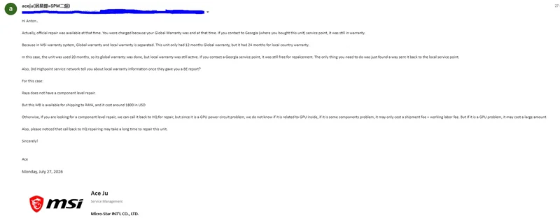 An email from Ace Ju, Service Management at MSI, discussing warranty details and repair options for a component issue related to a GPU power circuit problem, dated Monday, July 27, 2026, with MSI's logo visible.