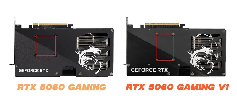 Two MSI graphics cards, labeled 'RTX 5060 Gaming' and 'RTX 5060 Gaming V1,' with visible dragon logos and 'GeForce RTX' text.