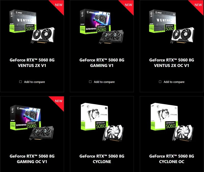 A grid showcasing various MSI GeForce RTX 5060 graphics card models: 'VENTUS 2X V1', 'GAMING V1', 'VENTUS 2X OC V1', 'GAMING OC V1', 'CYCLONE', and 'CYCLONE OC', each with a product image labeled 'NEW'.