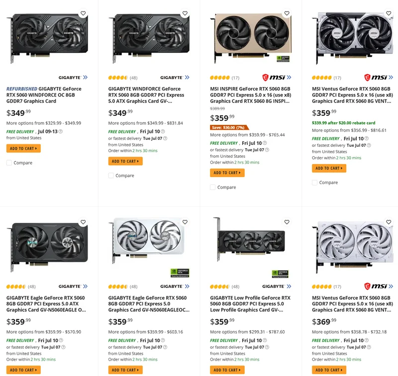 A grid of graphics cards listings shows various models like the Gigabyte GeForce RTX 5060 WindForce OC 8GB and MSI Ventus GeForce RTX 5060 8GB, each with pricing and availability details.