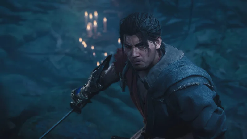 A character holding a sword in a dimly lit, candle-lit setting from the game Final Fantasy VII Rebirth.