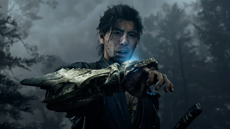 A character from the game Black Myth: Wukong holding a glowing weapon in a mystical forest setting.