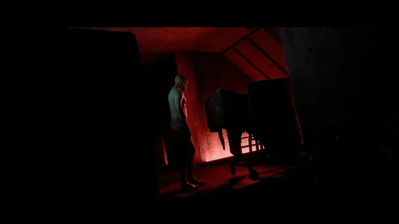 A character in a dimly lit, red-illuminated room stands beside a large rolling cart, creating an eerie atmosphere.