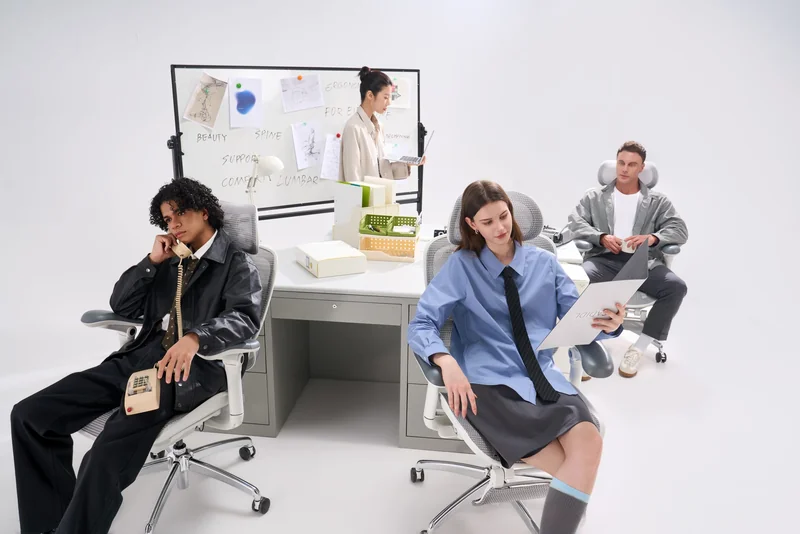 A group of people in an office setting, sitting on ergonomic chairs around a desk, with a whiteboard in the background displaying notes such as 'spine' and 'comfort lumbar'.