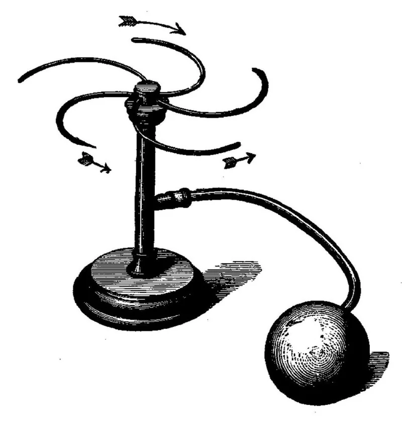 Illustration of a “reaction wheel” from Ernst Mach’s Mechanik (1883).