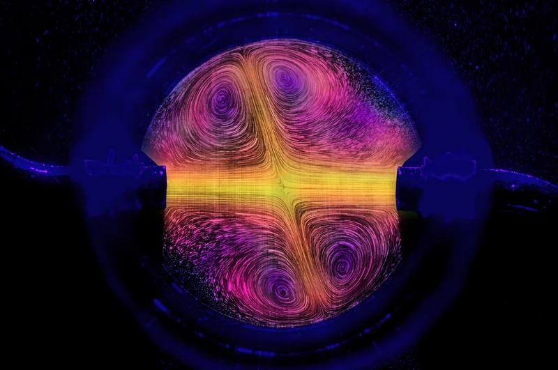 flows coming into the reverse sprinkler, as visualized using particles and false colored.