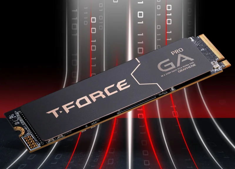 The image shows a T-Force Cardea Z540 M.2 2280 Gen5x4 PCIe NVMe SSD with 'PRO GA GRAPHENE' branding against a stylized background of binary digits and red accents.