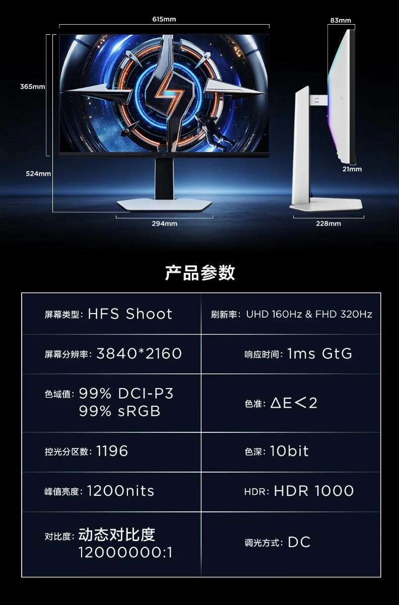 The image shows a monitor labeled 'HFS Shoot' displaying a futuristic graphic with dimensions and specifications listed, including a resolution of 3840x2160, 99% DCI-P3 color gamut, 1ms GtG response time, and HDR 1000 support.