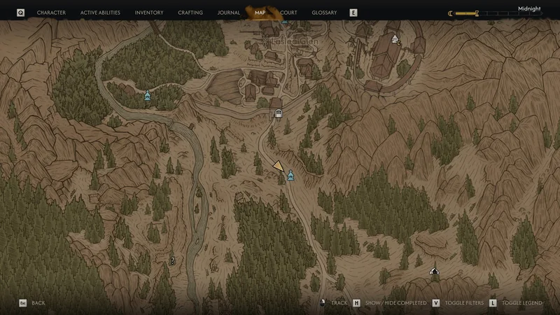 A map from the game 'Baldur's Gate 3' showing the area 'Last Light Inn' with highlighted locations and a user interface displaying 'Midnight' in the top right corner.