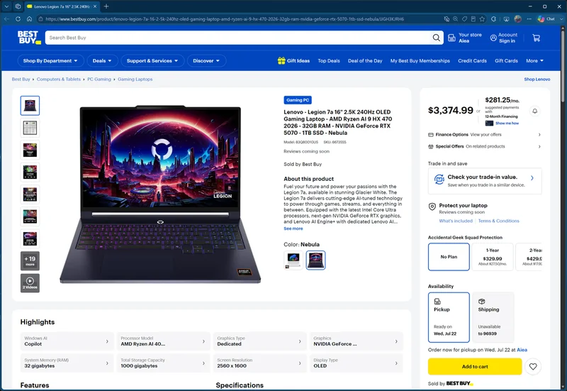 Lenovo Legion 7a with an RTX 5070 12GB GPU listed on Best Buy